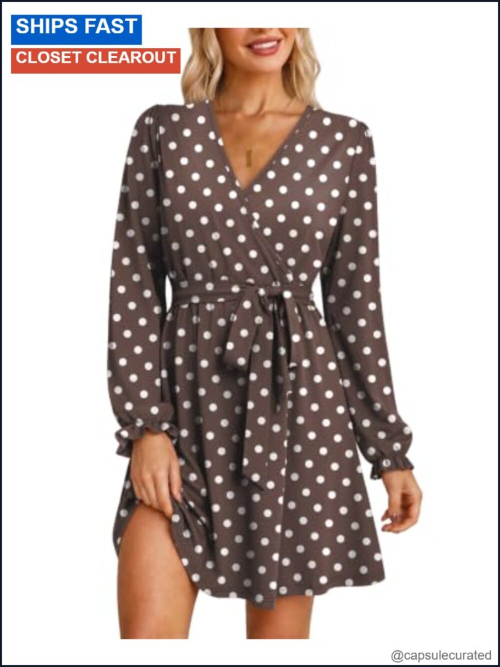 Womens Wrap V Neck Long Sleeve A-Line Dress with Belt Pockets